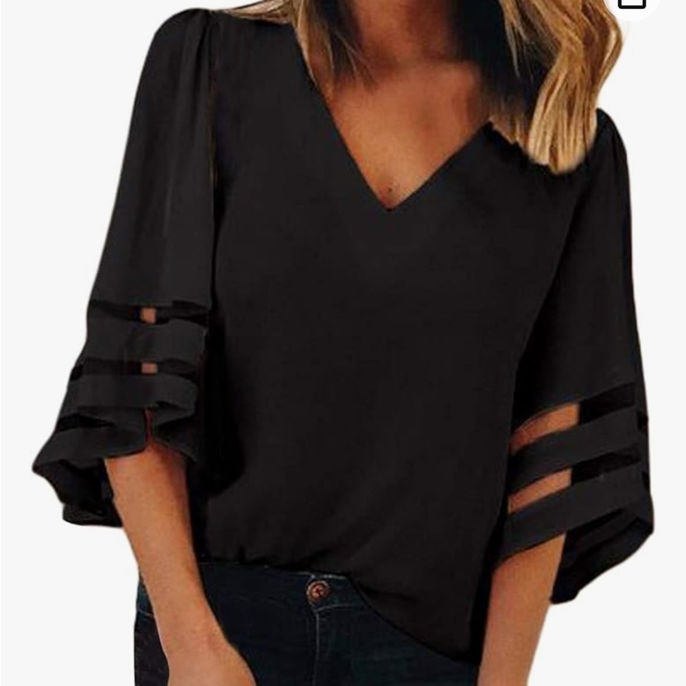 Womens 3/4 Bell Sleeve Fashion V Neck